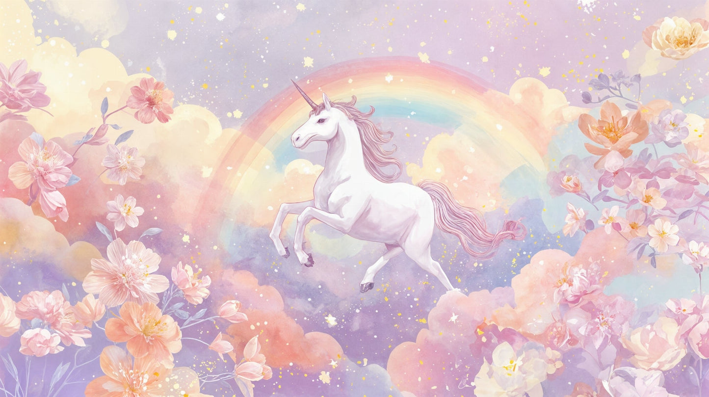 Kids-Mundo flat artwork of a pastel unicorn leaping through clouds and rainbow.
