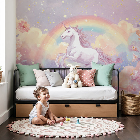 Kids-Mundo pastel unicorn wall mural bringing soft magic to a dreamy nursery.