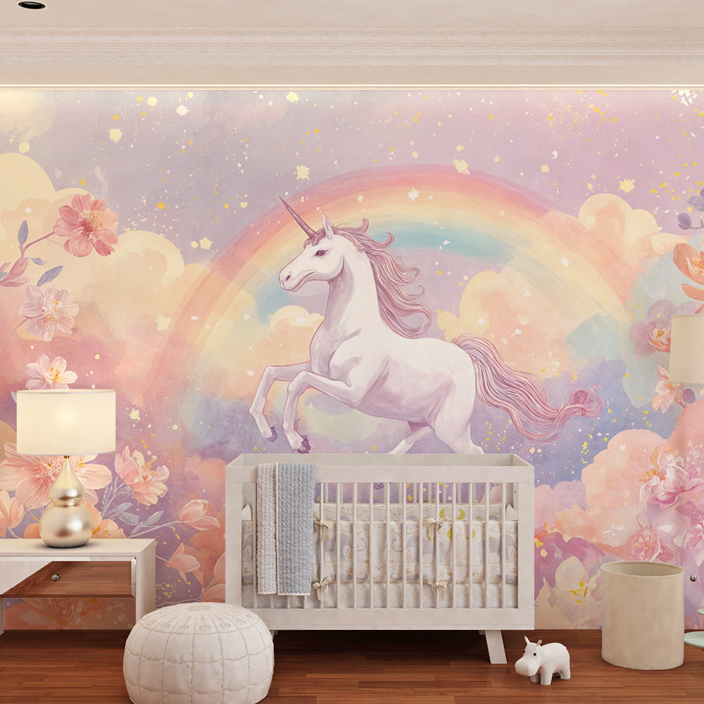 Kids-Mundo rainbow unicorn wall mural adding pastel whimsy to a bright playroom.