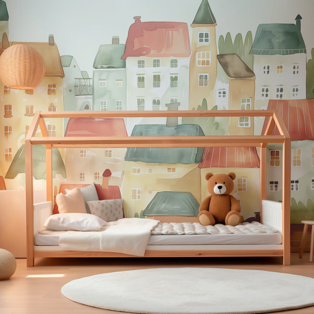 Kids-Mundo pastel village wall mural with pitched roofs and chimneys in a bright playroom