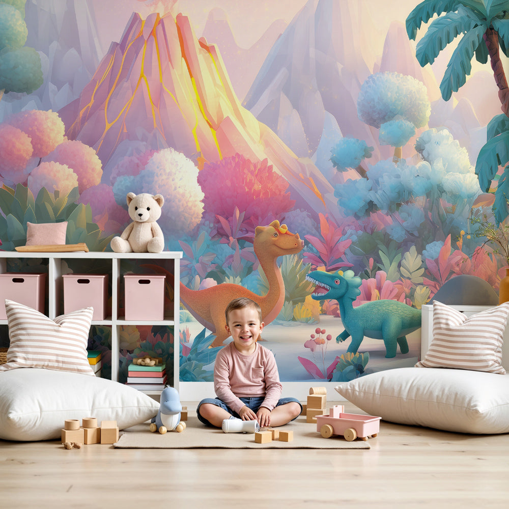 Kids-Mundo pastel dinosaur wall mural with a volcano behind a cot in a soft nursery