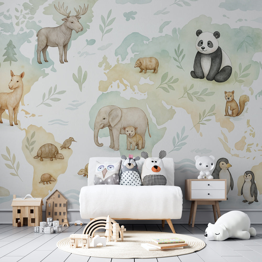 Kids-Mundo pastel animal world map mural covering a child's bedroom wall with painted bear and elephant details