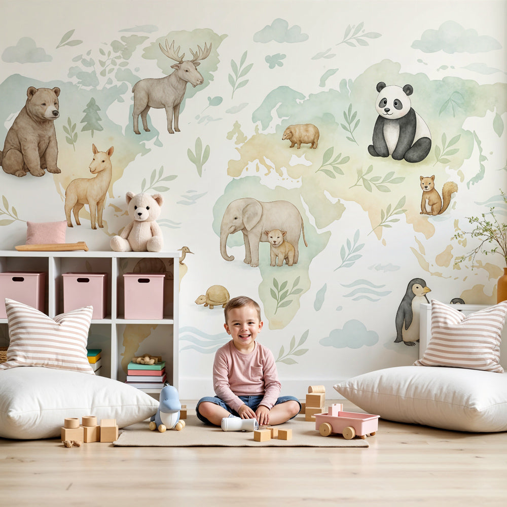 Kids-Mundo watercolour animal world map wall mural printed to size on a soft green nursery feature wall