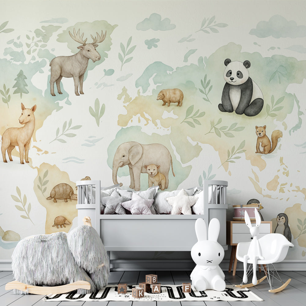 Kids-Mundo watercolour world map wall mural in a playroom, showing painted animals across sage green continents