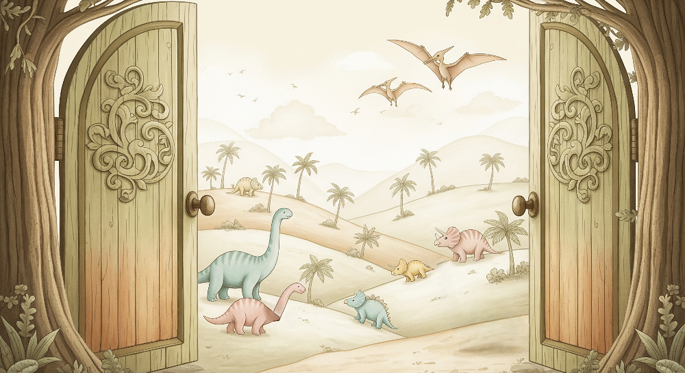 Kids-Mundo flat artwork of pastel watercolour dinosaurs seen through carved wooden doors