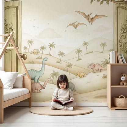 Kids-Mundo pastel watercolour dinosaur mural styled in a soft, gentle nursery