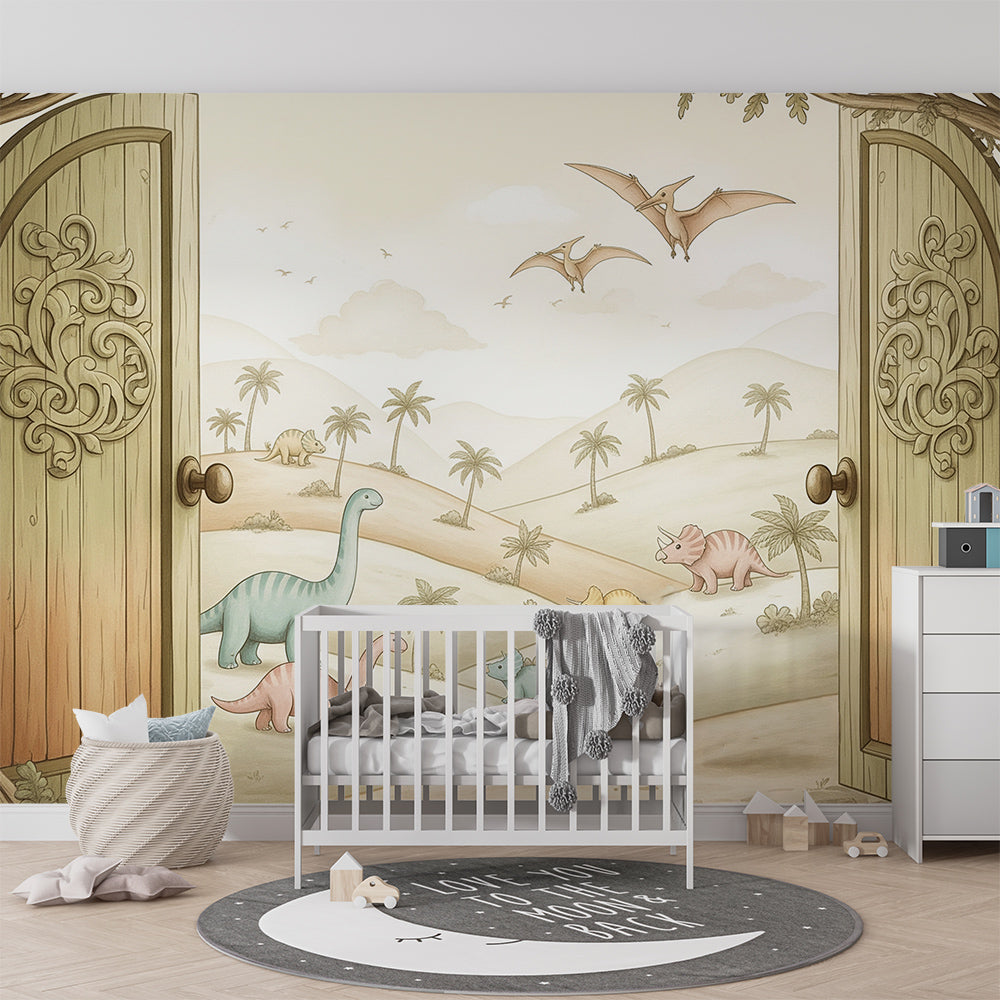 Kids-Mundo pastel dinosaur wall mural bringing gentle watercolour charm to a playroom
