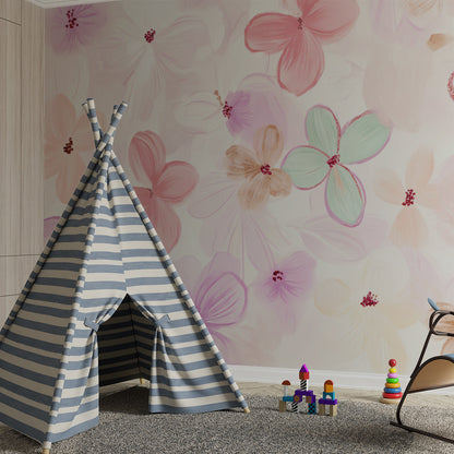 Kids-Mundo watercolour floral wall mural covering a feature wall in a girl's bedroom.