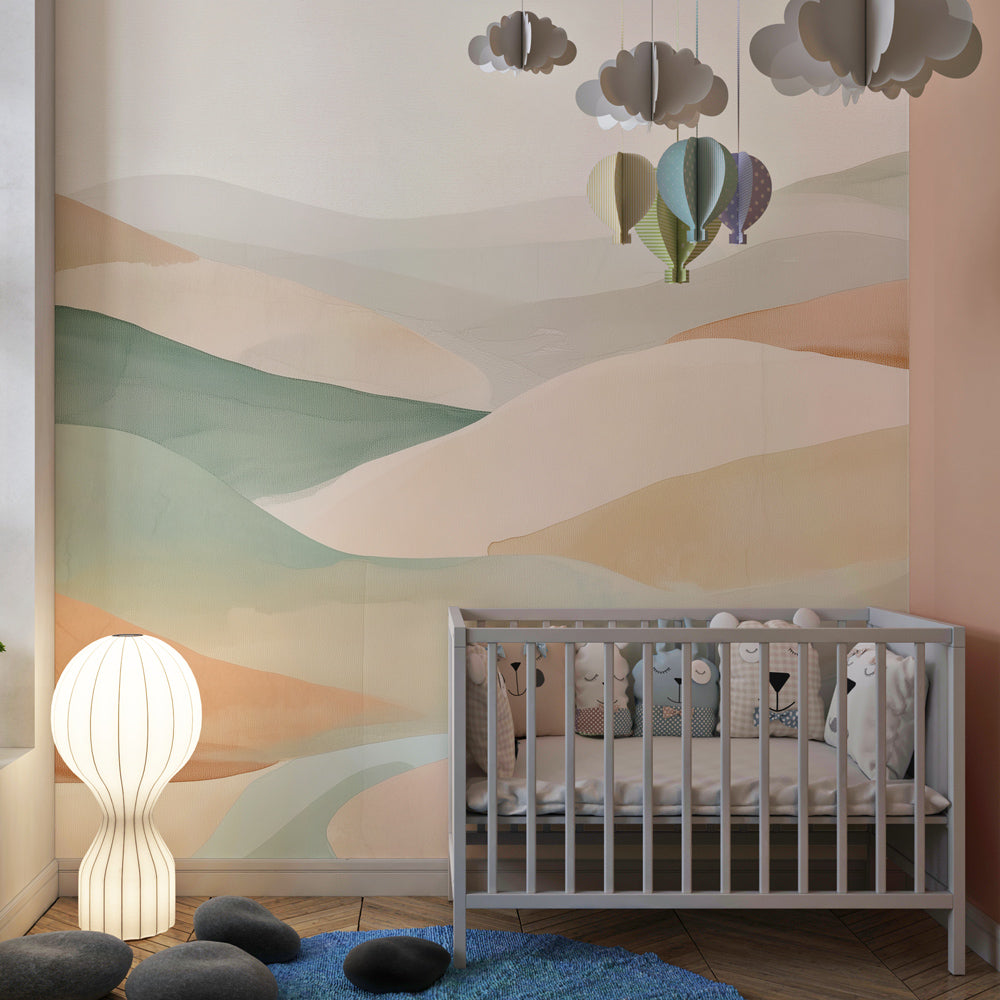 Kids-Mundo pastel watercolour hills mural brightening a calm, creative playroom wall
