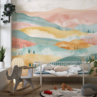 Kids-Mundo abstract watercolour hills mural displayed in a bright kids' playroom