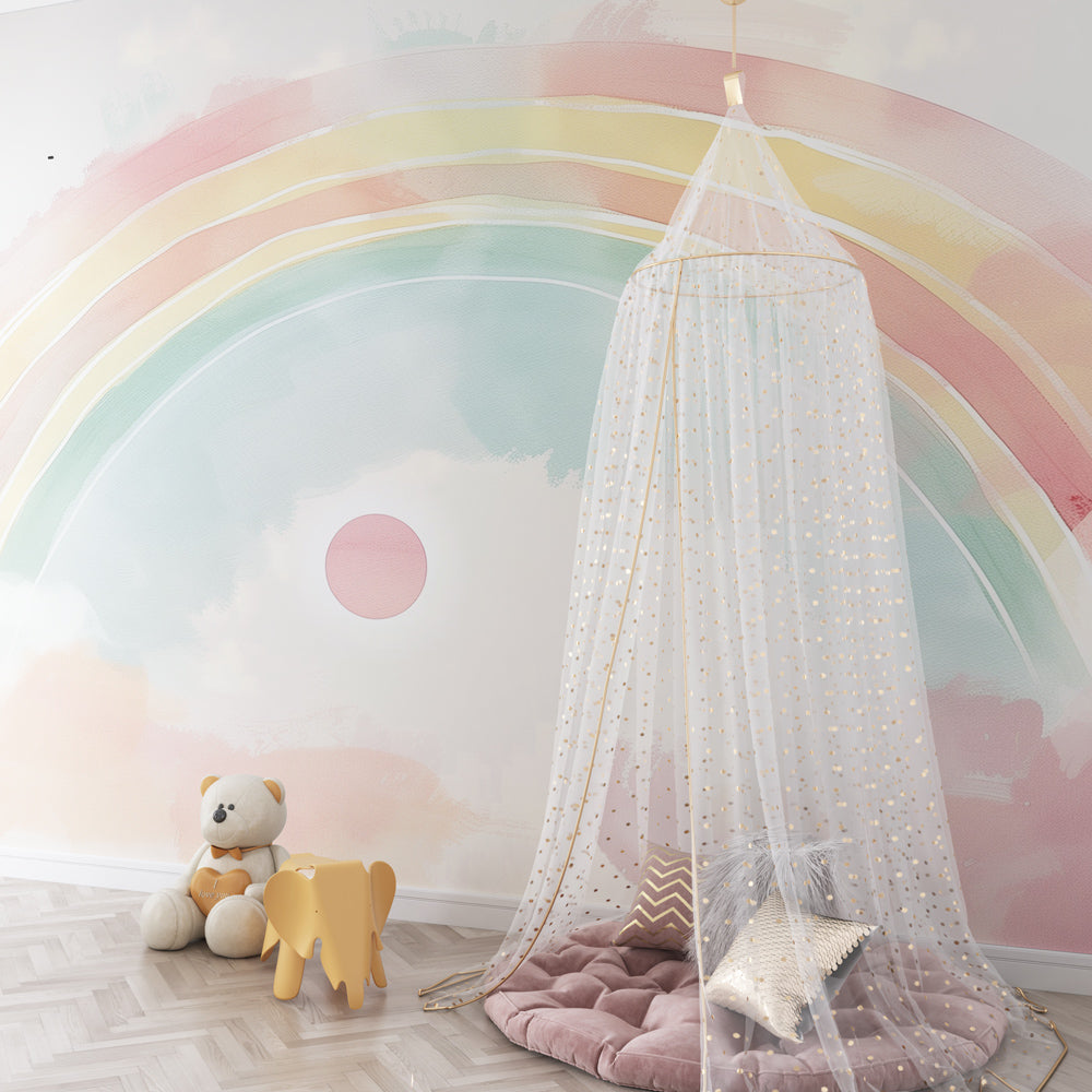 Kids-Mundo soft rainbow wall mural adding gentle colour to a cheerful playroom.