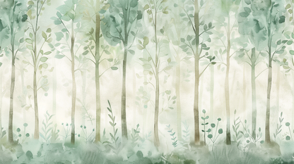 Kids-Mundo pastel watercolour forest artwork showing tall trees and foliage used for made-to-measure wall murals.