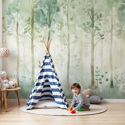 Kids-Mundo pastel watercolour forest wall mural painted across a nursery wall behind a cot and soft toys.