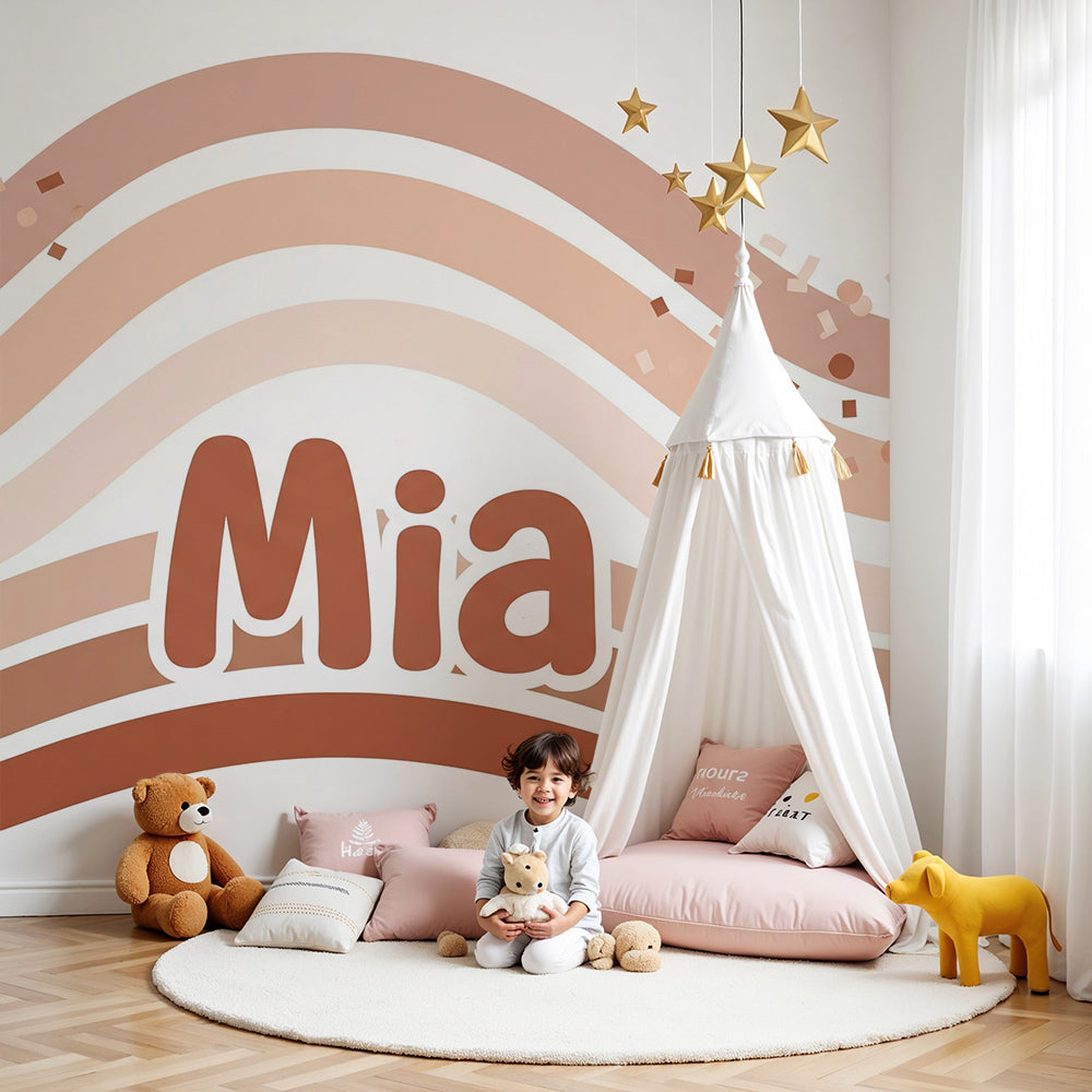Kids-Mundo pastel wave wall mural with confetti dots in a soft baby nursery