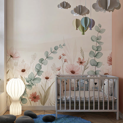 Kids-Mundo wildflower meadow wall mural on a kids bedroom wall, bringing a calm botanical backdrop.