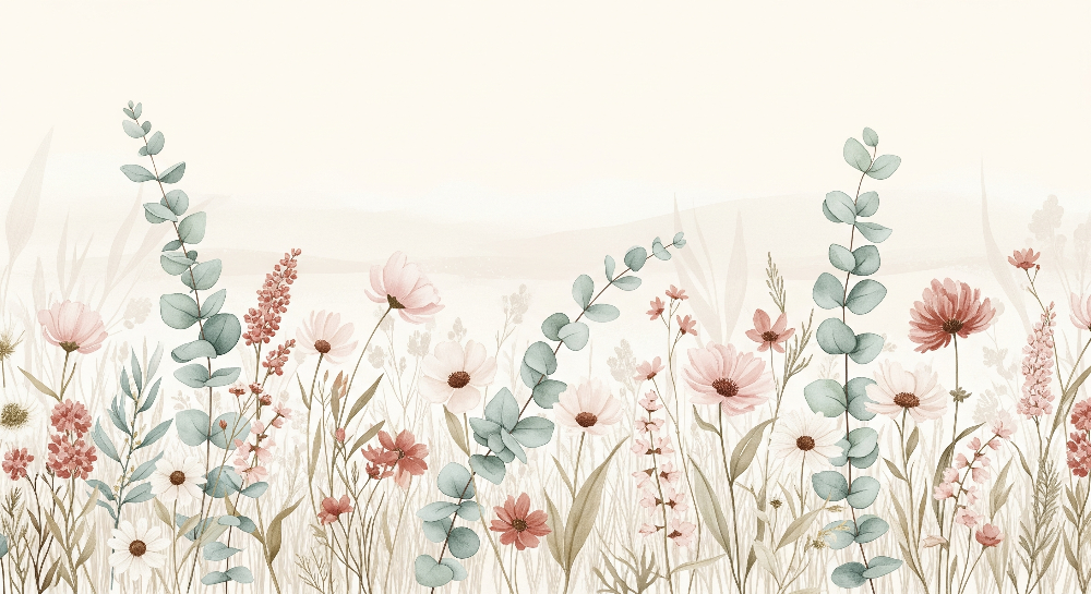 Kids-Mundo flat artwork of a pastel wildflower meadow with daisies, grasses and a hazy horizon.