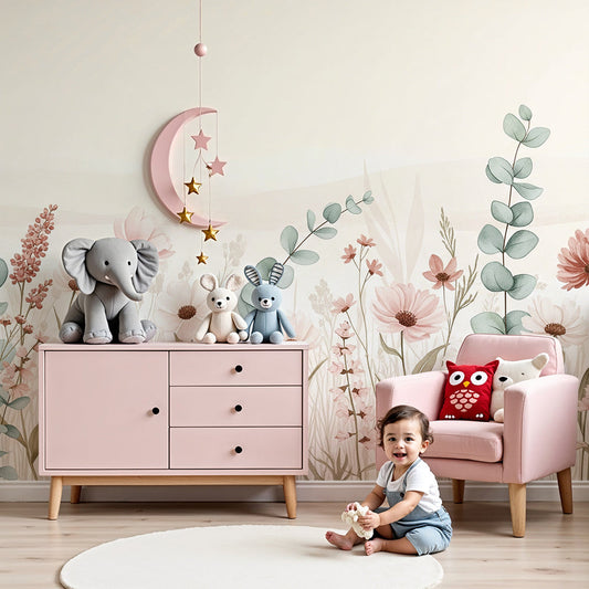 Kids-Mundo pastel wildflower meadow wall mural styled in a soft nursery with daisies and grasses.