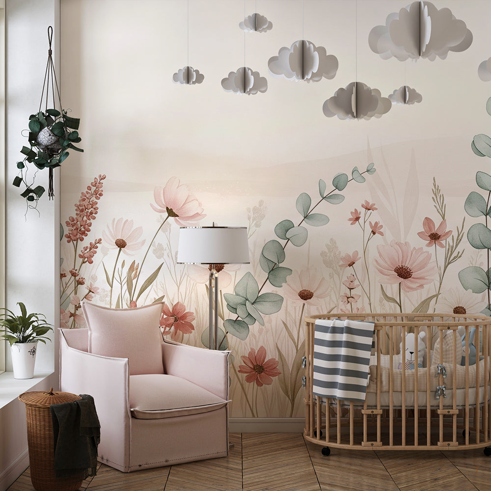 Kids-Mundo floral meadow mural styled in a playroom, softening the space with pastel wildflowers.