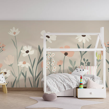 Wildflower wall mural from Kids-Mundo softening a cosy reading corner in a playroom