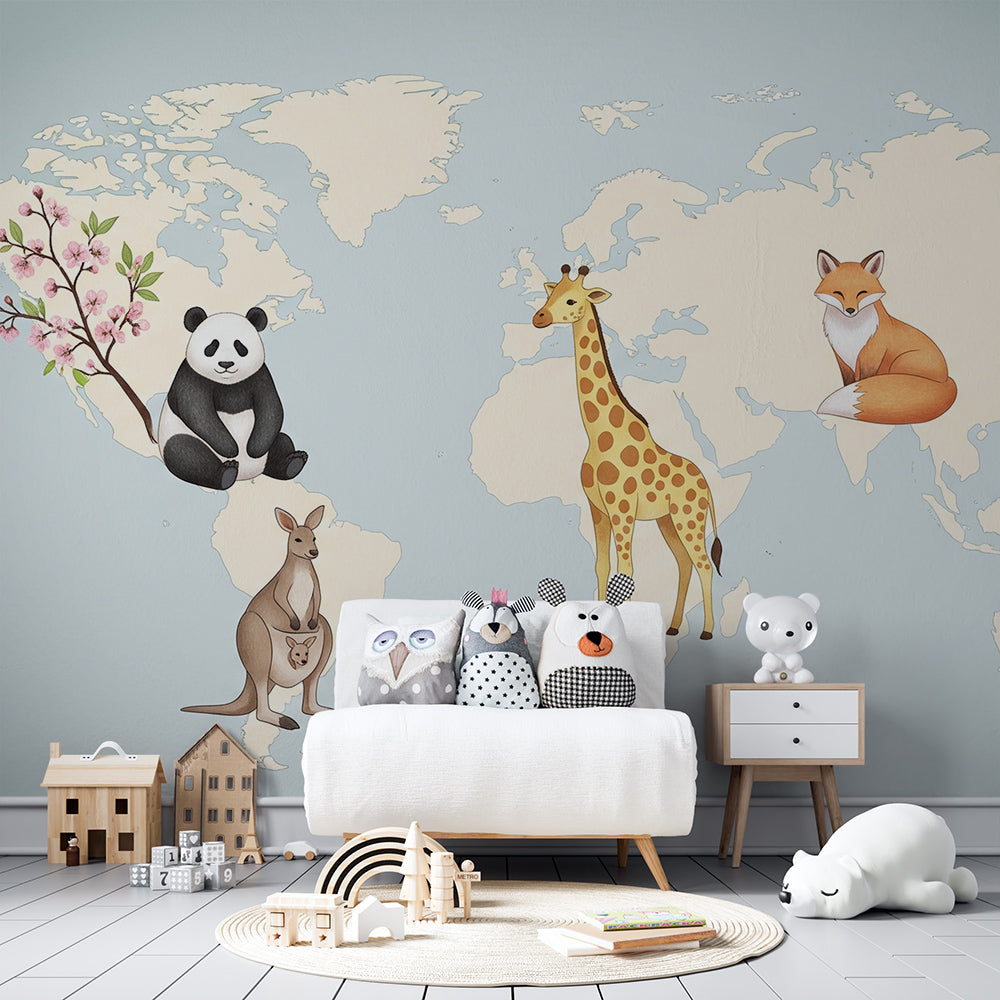 Kids-Mundo cream world map mural with fox and giraffe on a kids bedroom wall