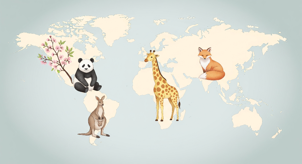 Pastel World Map with Panda, Fox and Giraffe Wall Mural
