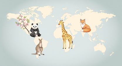 Flat artwork of the Kids-Mundo pastel world map mural with panda, fox, giraffe and kangaroo