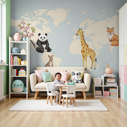 Kids-Mundo pastel world map wall mural with panda and cherry blossom in a soft nursery