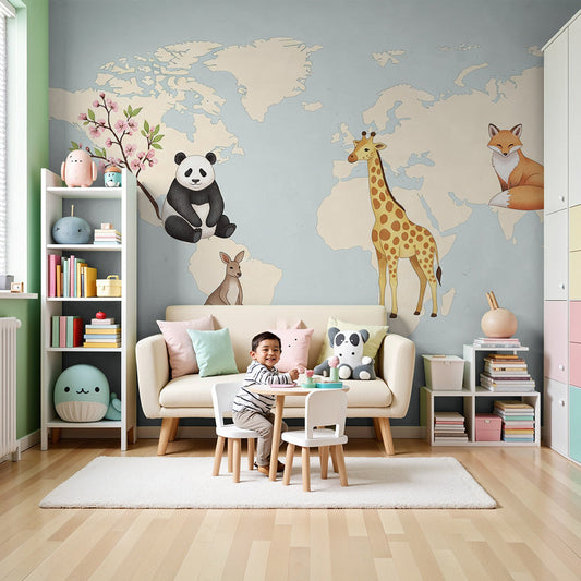 Kids-Mundo pastel world map wall mural with panda and cherry blossom in a soft nursery