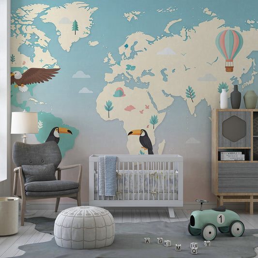 Kids-Mundo world map mural with raccoon and eagle on a pastel kids bedroom wall