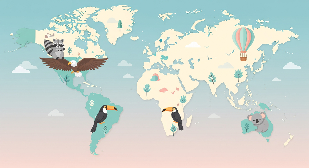 Flat artwork preview of the Kids-Mundo pastel world map mural with toucan and balloon