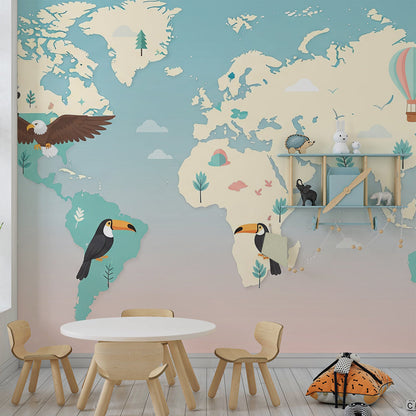 Playroom wall featuring the Kids-Mundo pastel world map mural with koala and toucan