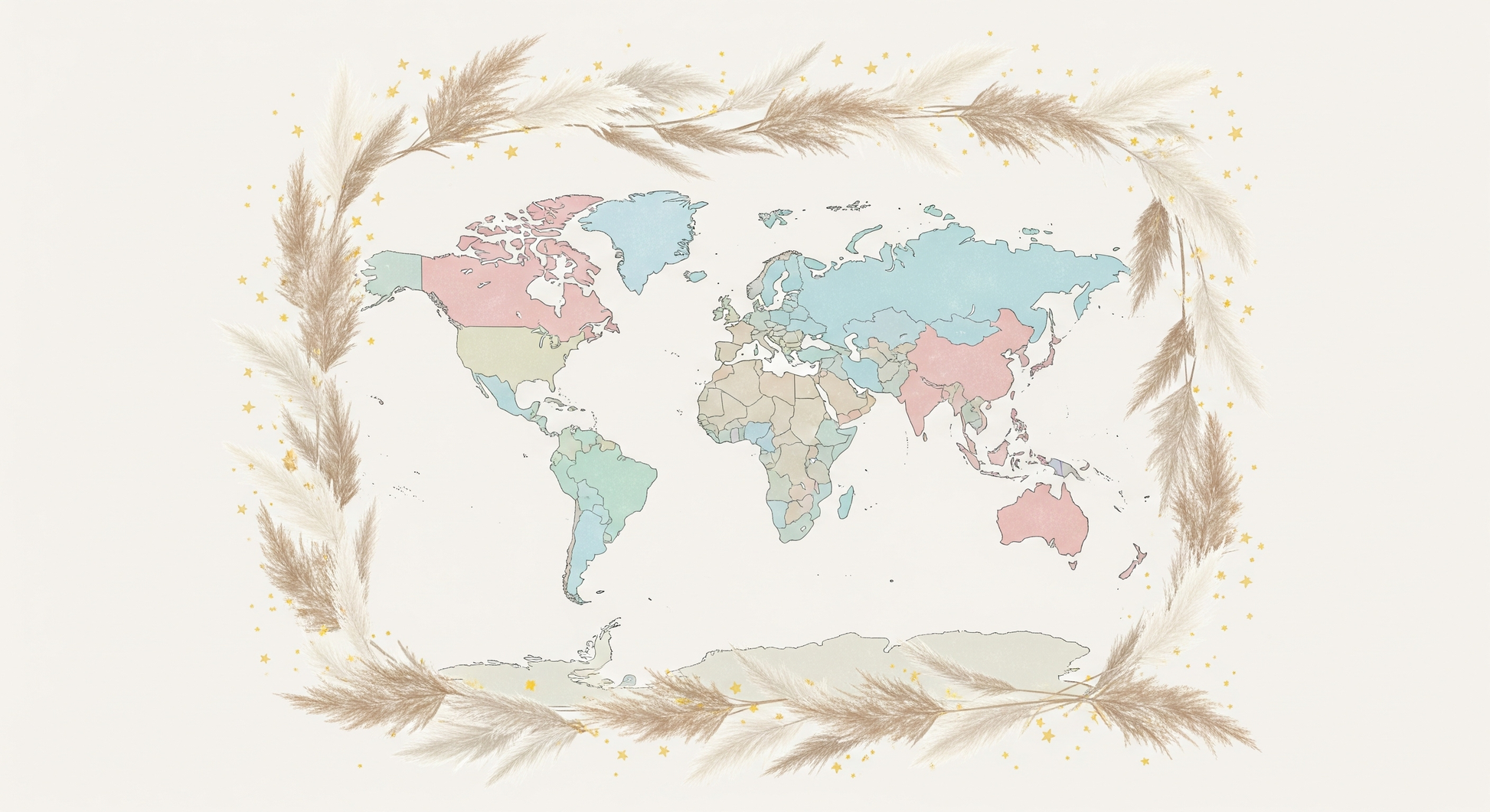 Flat artwork of the Kids-Mundo pastel world map design framed by a dried pampas grass wreath
