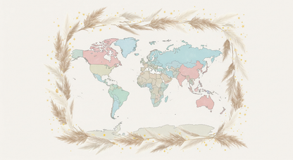 Flat artwork of the Kids-Mundo pastel world map design framed by a dried pampas grass wreath