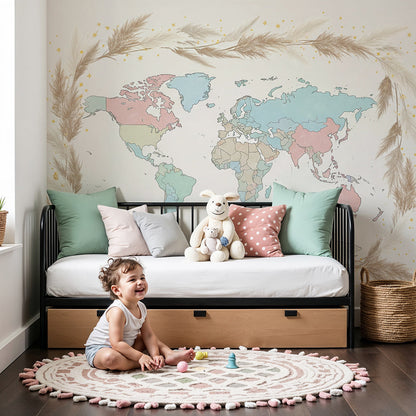 Kids-Mundo pastel world map wall mural with a pampas grass wreath in a soft neutral nursery