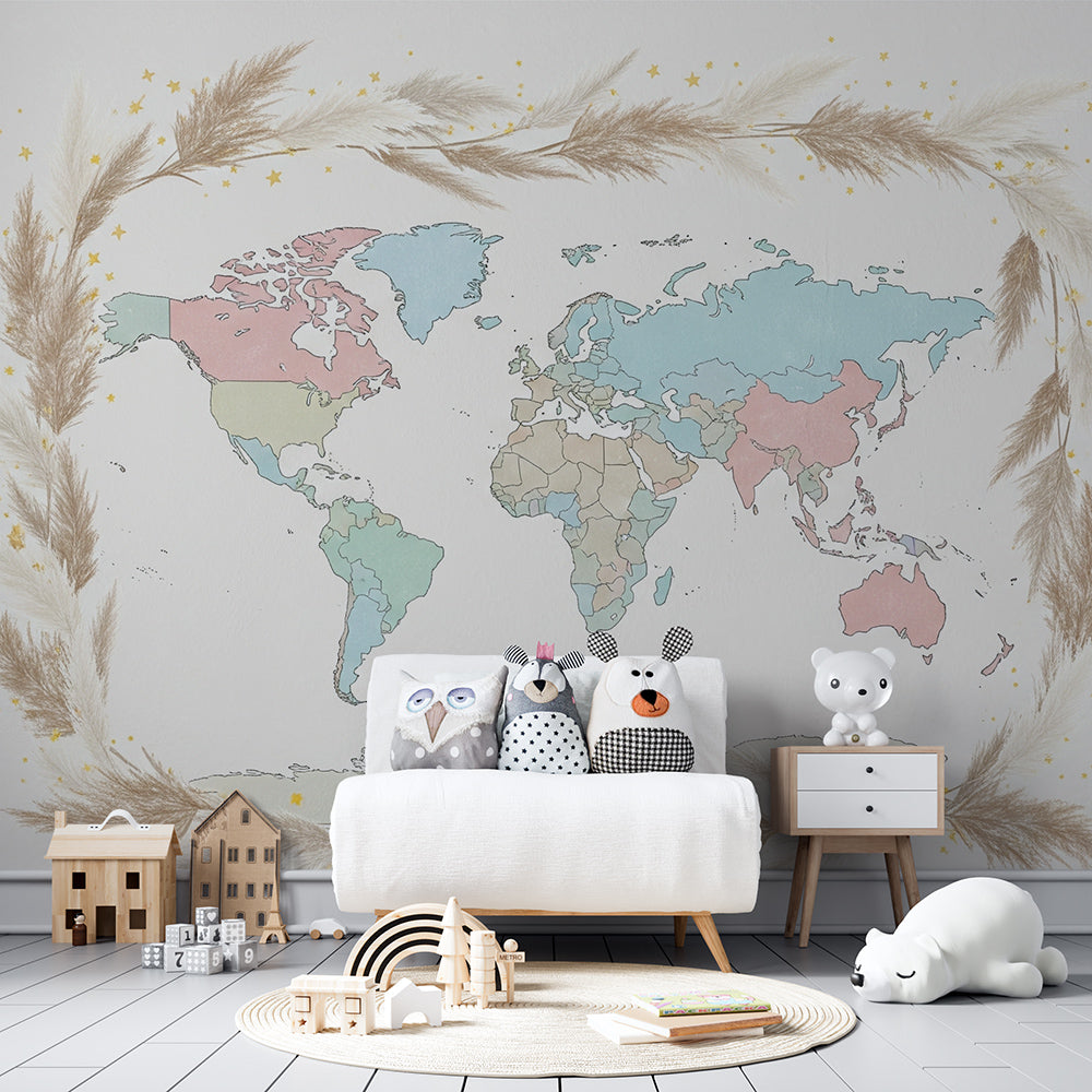 Kids-Mundo pastel world map mural with gold stars covering a wall in a bright playroom