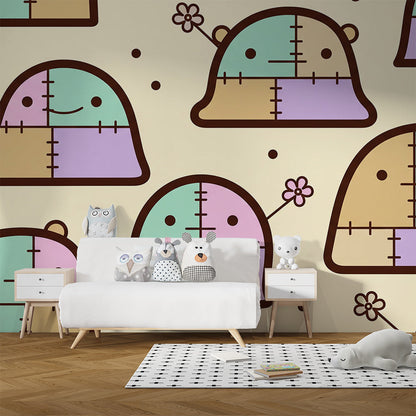 Kids-Mundo pastel patchwork bear wall mural brightening a cosy playroom
