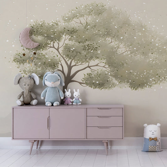 Kids-Mundo watercolour tree wall mural covering a feature wall in a kids bedroom