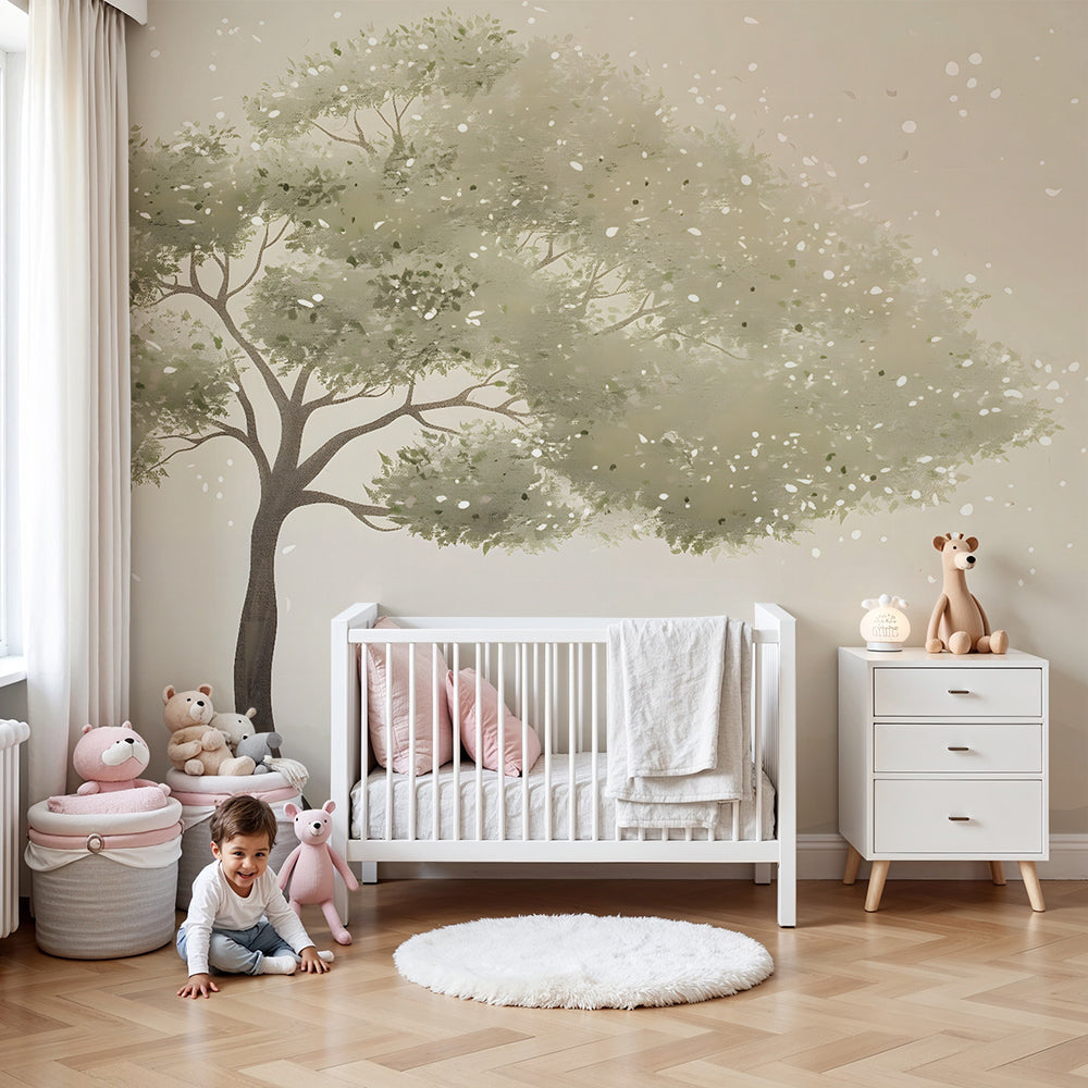 Peaceful watercolour tree wall mural by Kids-Mundo behind a cot in a sage nursery