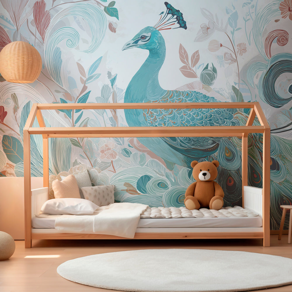 Peacock wall mural creating serene atmosphere in children's bedroom with natural lighting