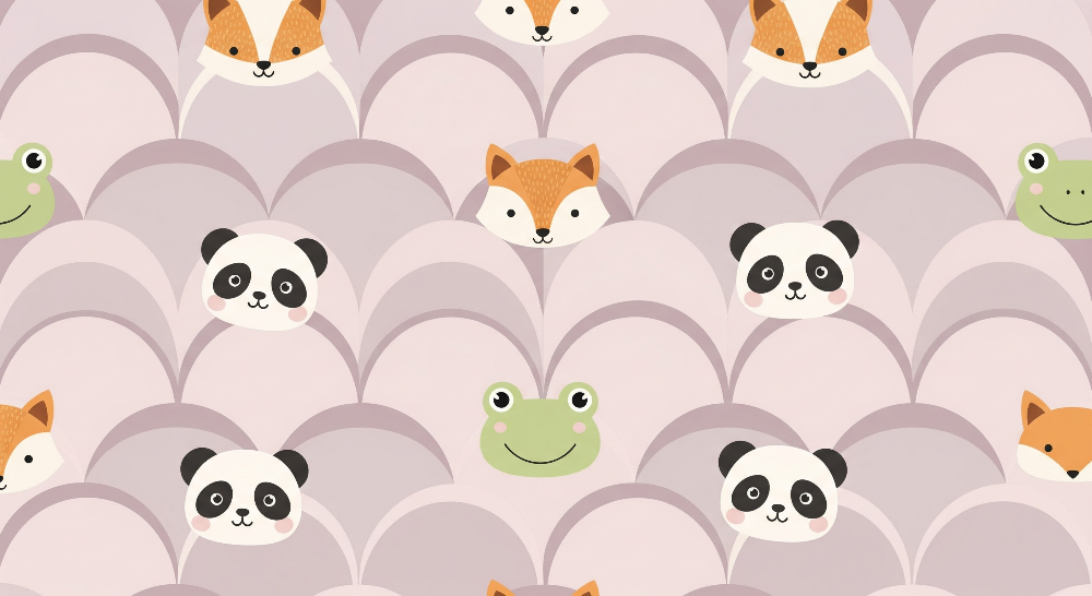 Kids-Mundo flat artwork of the peekaboo fox, panda and frog wall mural design in blush