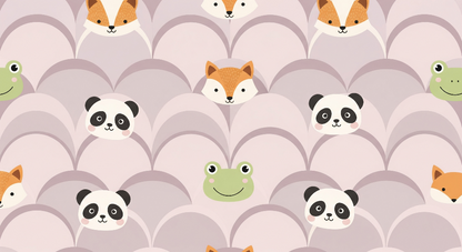 Kids-Mundo flat artwork of the peekaboo fox, panda and frog wall mural design in blush
