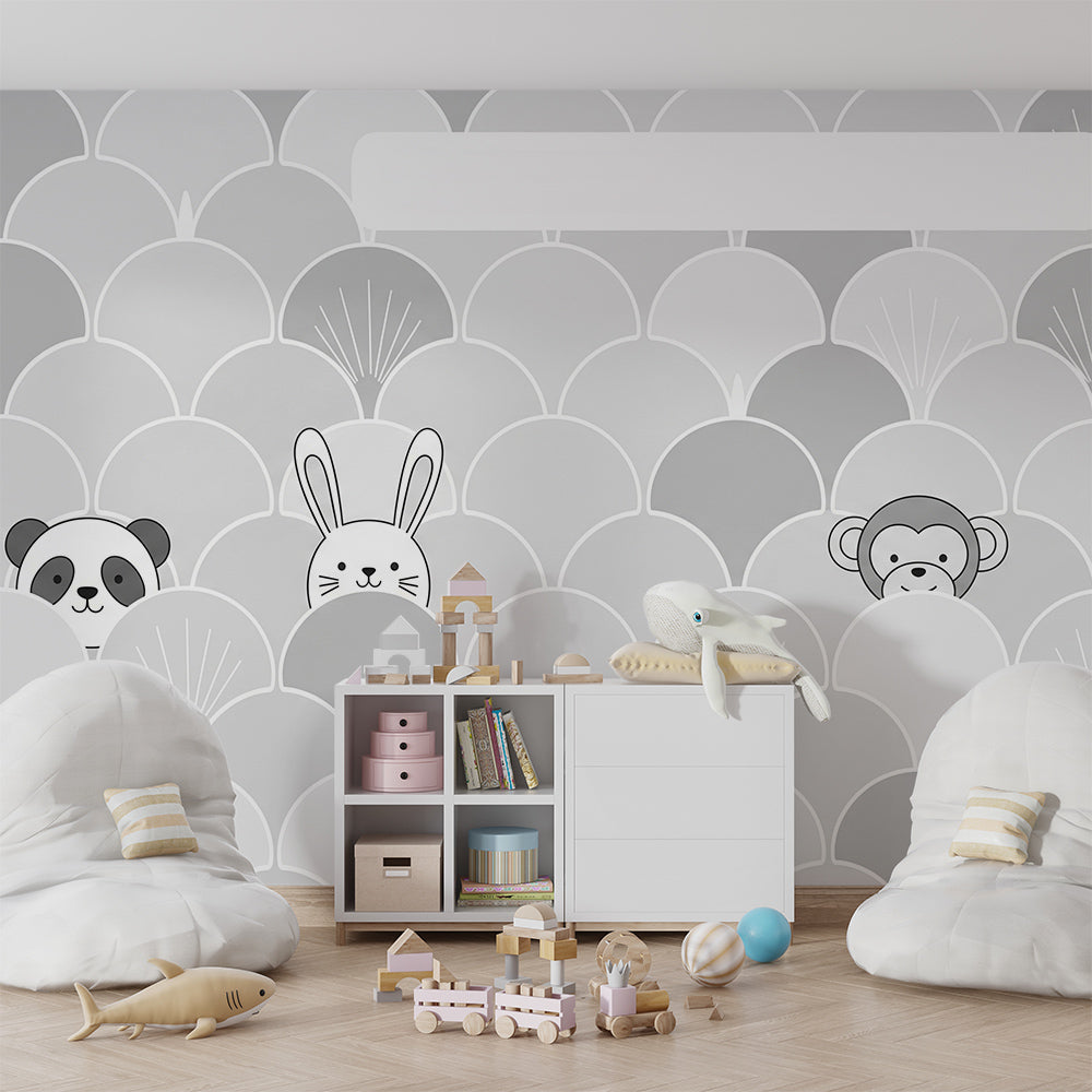Kids-Mundo grey peekaboo animal mural adding playful character to a playroom wall