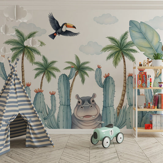 Kids-Mundo hippo and toucan cactus mural on a feature wall in a children's bedroom