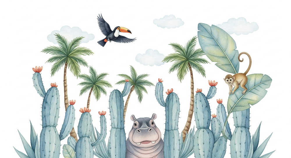 Kids-Mundo peeking hippo artwork with toucan, monkey and teal cacti on white background