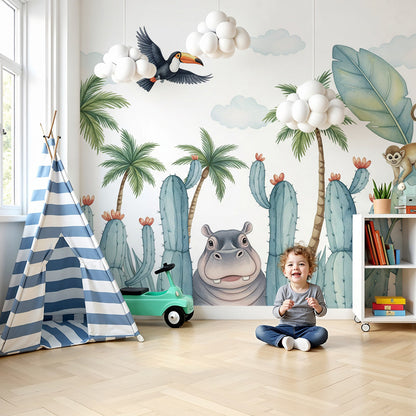 Kids-Mundo peeking hippo wall mural styled in a bright, playful nursery with cot and rug
