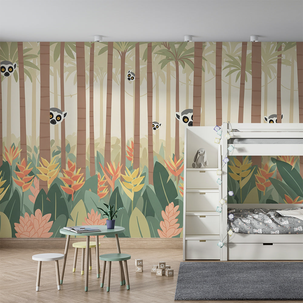 Kids-Mundo peeking lemurs jungle wall mural covering a feature wall in a kids bedroom.