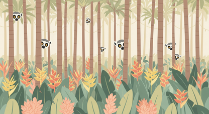 Kids-Mundo flat artwork of curious lemurs peeking from palm trees wall mural design.