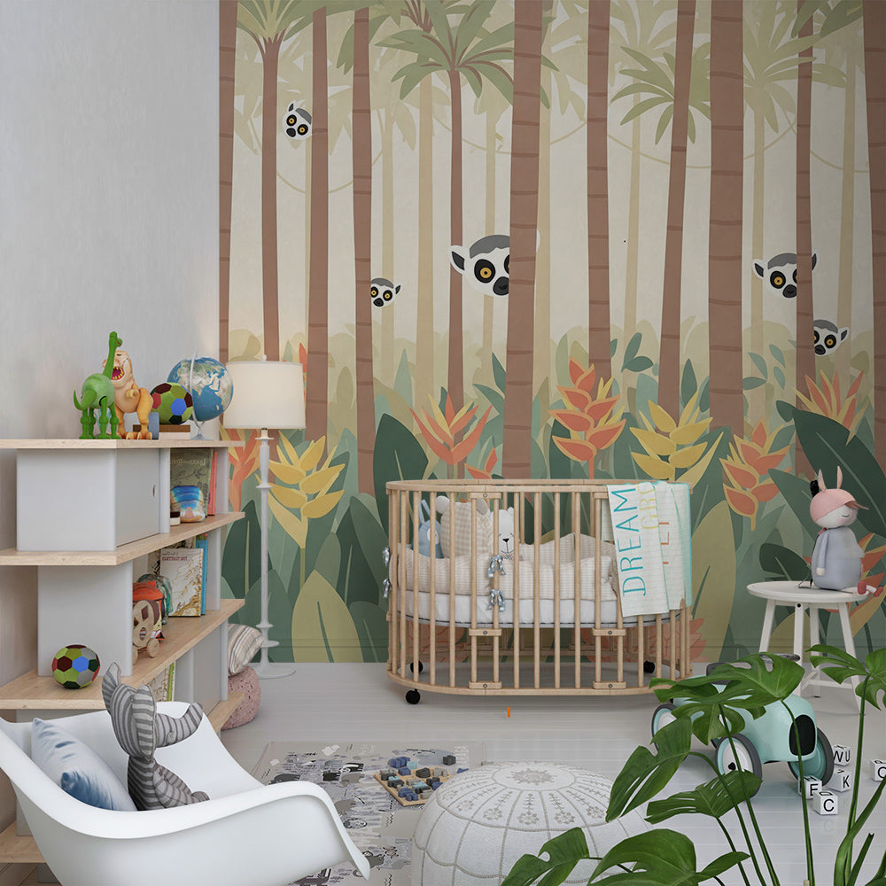 Kids-Mundo palm forest lemur mural bringing playful colour to a children's playroom.