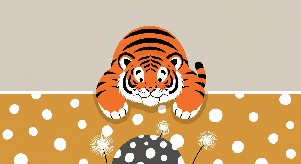 Playful Tiger Cub Peeking Over a Spotty Wall Mural