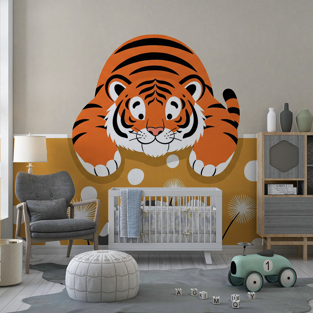 Kids-Mundo tiger cub mural with polka dot wall and dandelions in a lively children's playroom